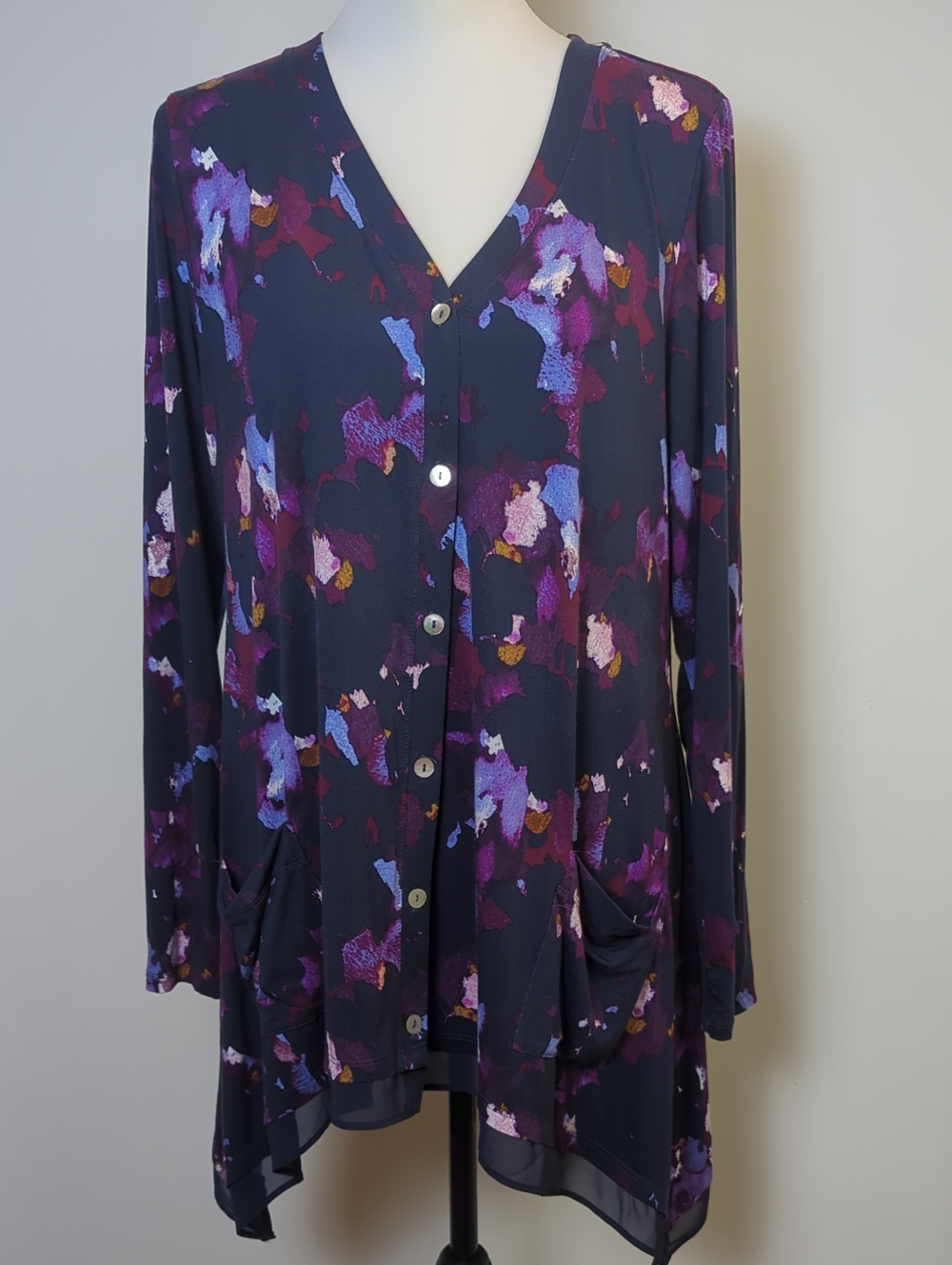 LOGO Lori Goldstein Printed Button-Front Knit Cardigan Tunic Navy Floral SMALL